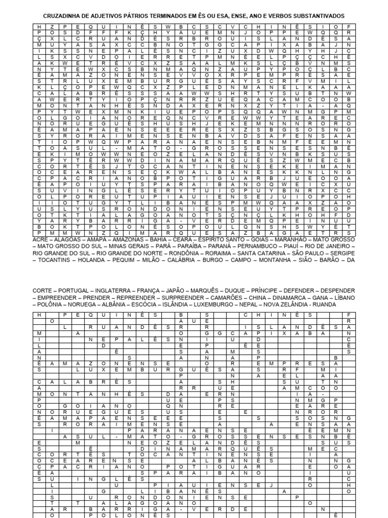 Cruzadinha de adjetivos p trios terminados em s ou esa pdf