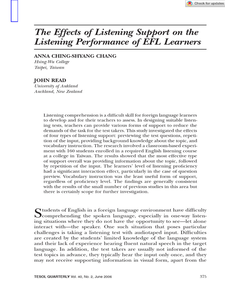 Listening Support Impact on EFL Learners | PDF | Reading Comprehension ...