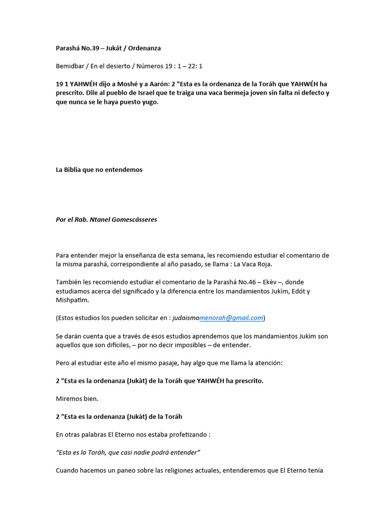 Parashá No Jukat Pdf Tora Biblia 