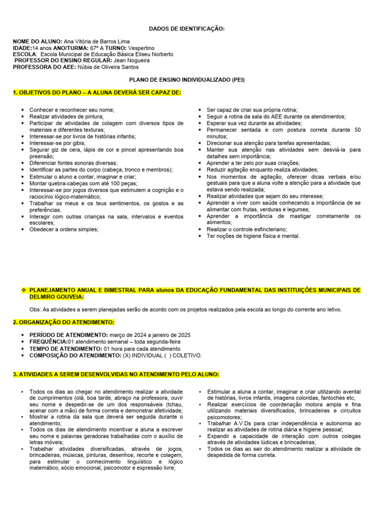 Plano de Ensino Individualizado AEE Ana Vitória | PDF | Pedagogia
