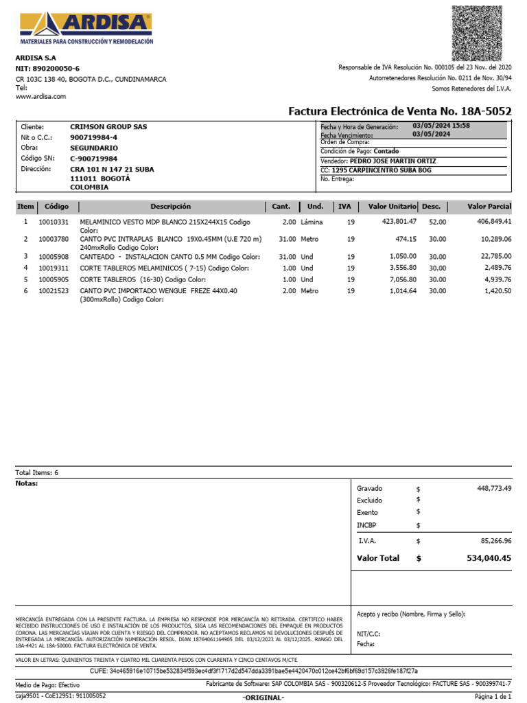 18a5052 Ardisa S.A | PDF | Pagos | Servicios (economía)