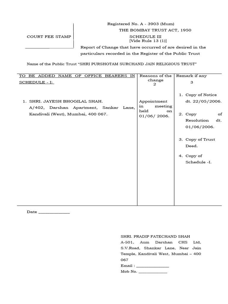 Shri purshotam surchand jain religious trust change report download