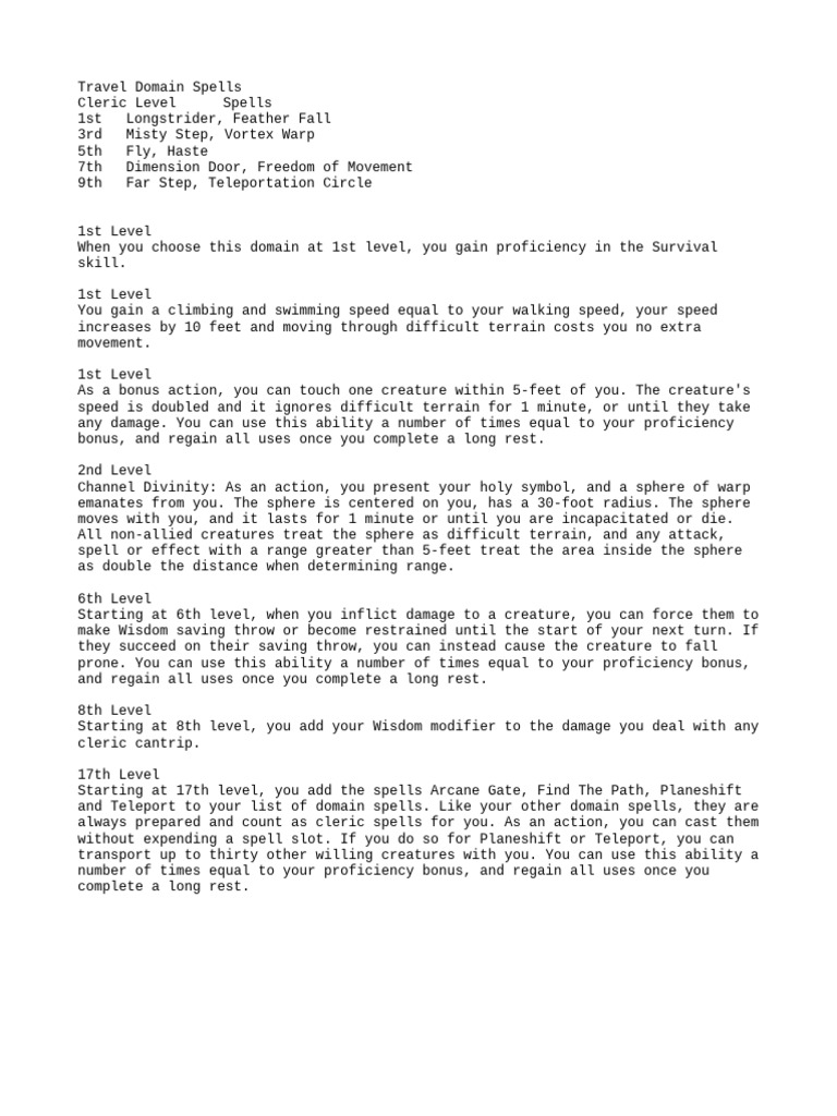 Travel Domain Cleric Spells Guide | PDF