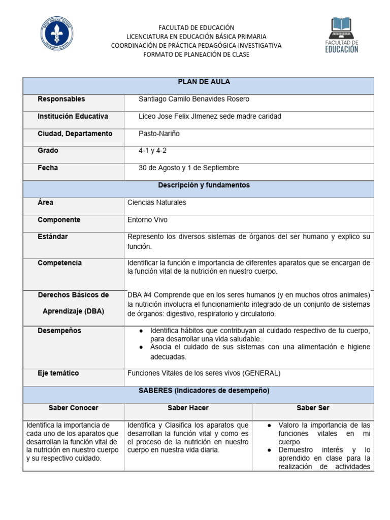 Formato de Planeación de Clase | PDF | Enseñando | Aprendizaje