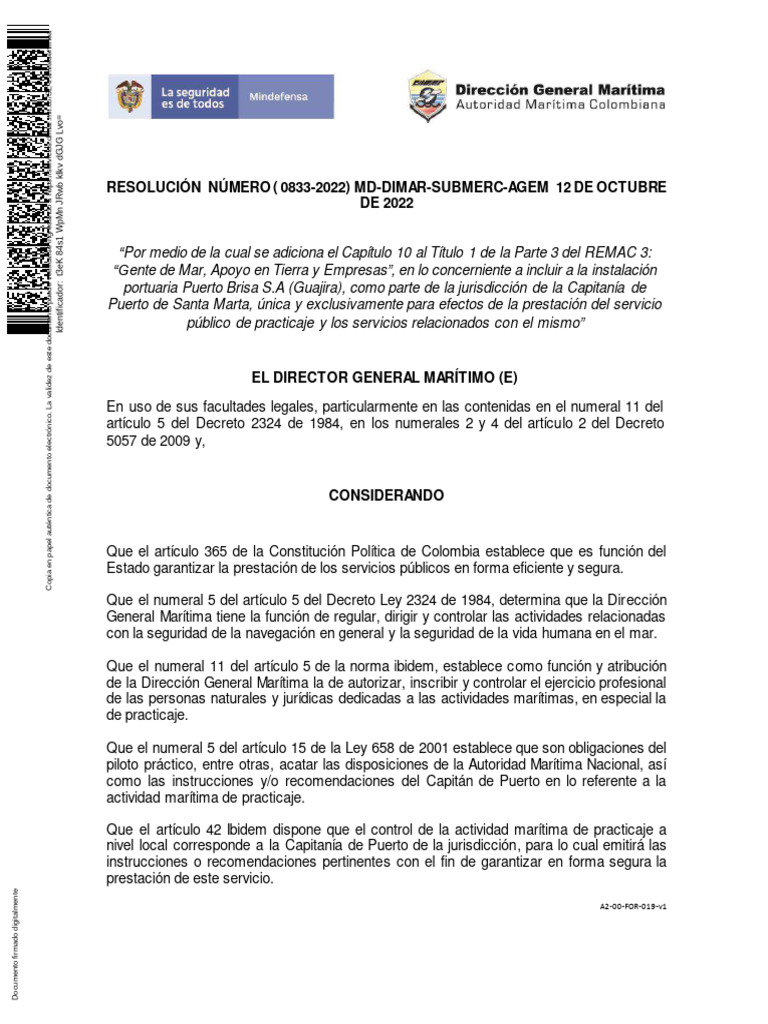 Dimar resolucion 0833 2022 unificacion jurisdiccion riohacha en smr