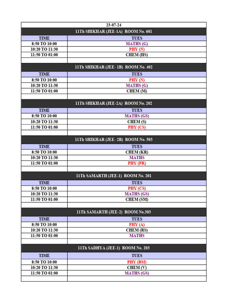 Tuesday Class Schedule for 11th & 12th | PDF