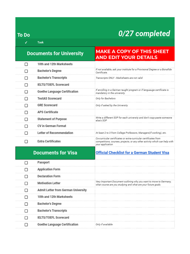 Germany Document Checklist For Students | PDF | Travel Visa