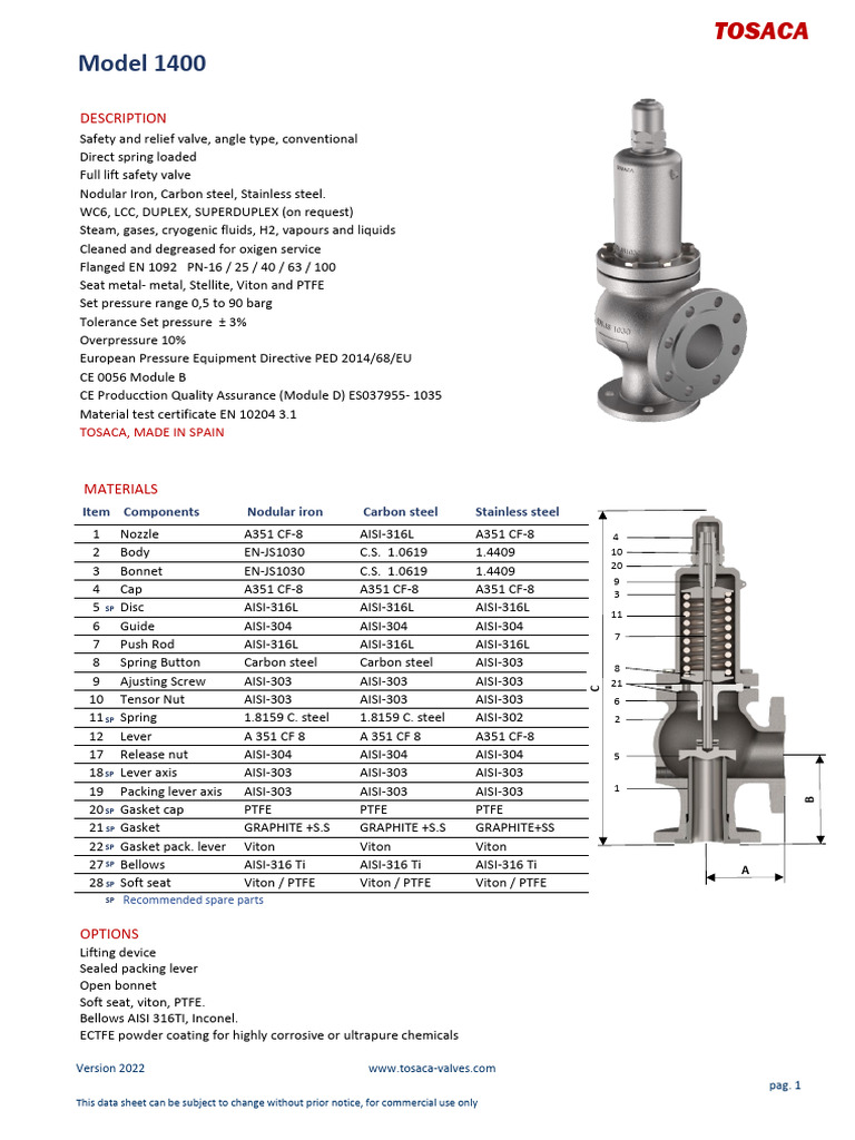 Tosaca 1400-1 | PDF | Valve | Materials