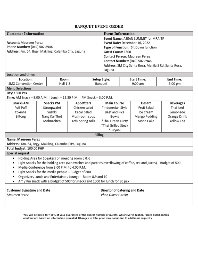 Banquet Event Order Day 2 | PDF | Lunch | Thai Cuisine