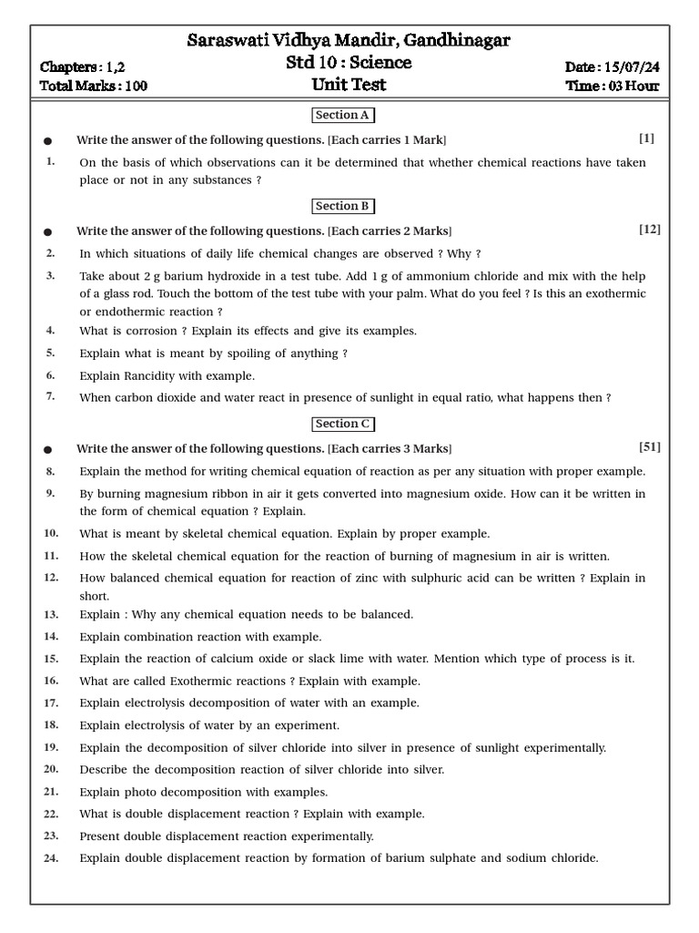 UnitTest D15 Jul 2024 | PDF | Chemical Reactions | Magnesium