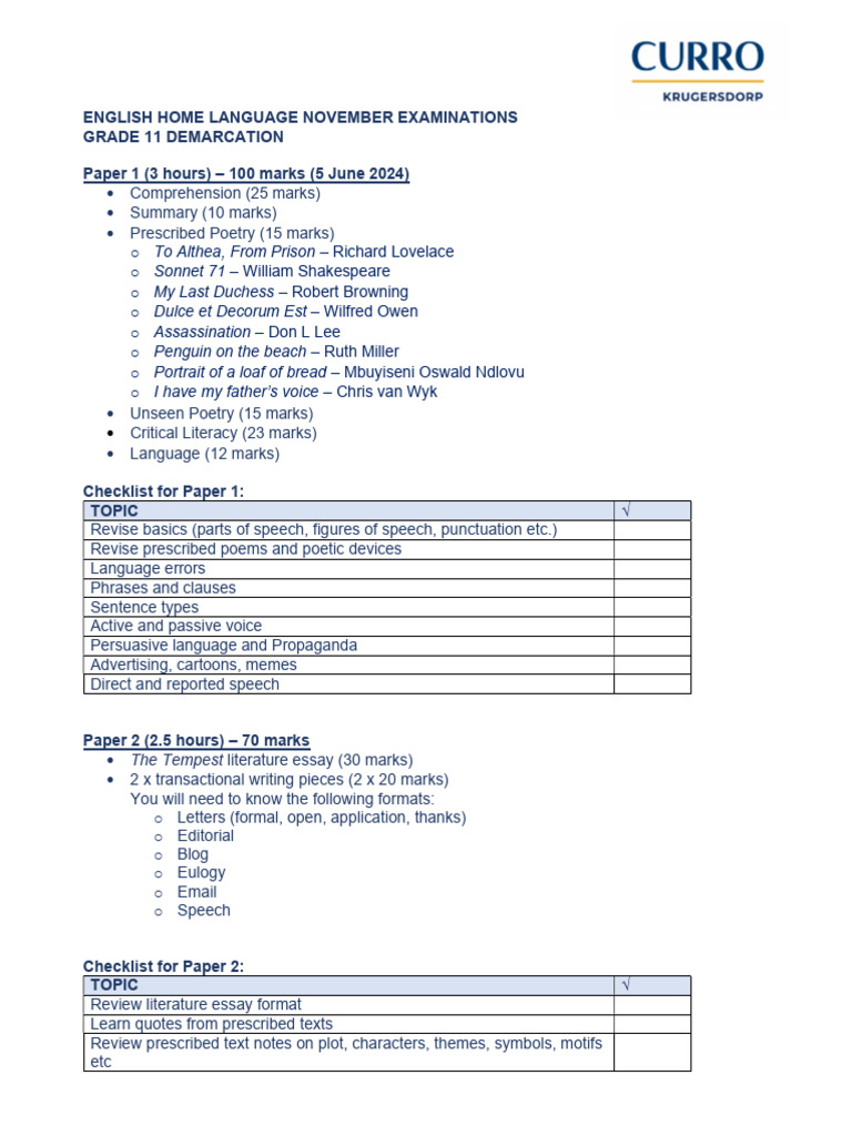 Grade 11 English Paper 1 and 2 Demarcation PDF