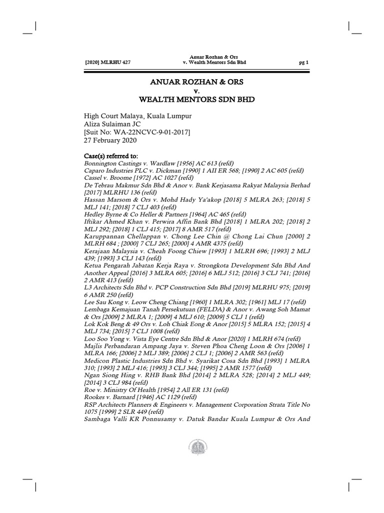 Anuar Rozhan v. Wealth Mentors Case Summary | PDF | Negligence | Witness