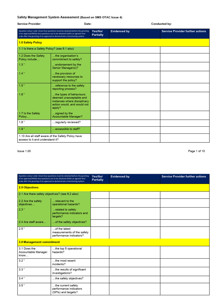 Sms Safety Management System Evaluation Questions Issue1 1 Pdf Risk