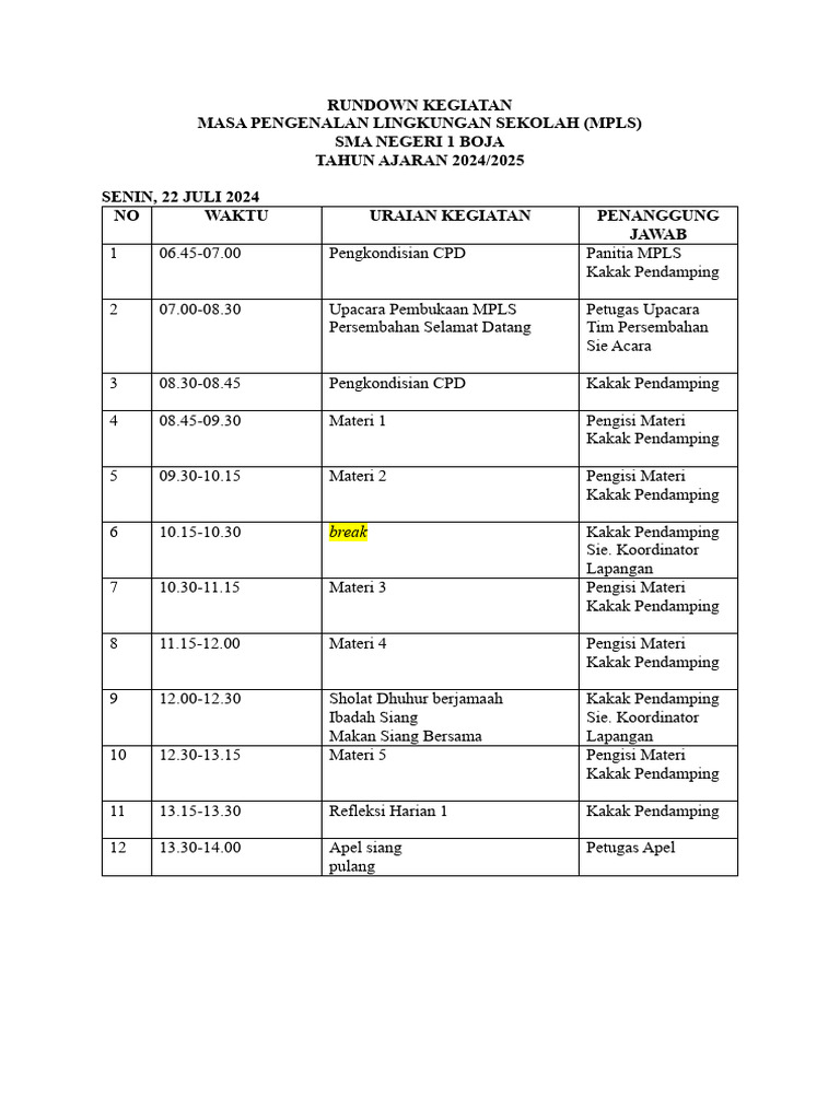 Rundown MPLS SMA Negeri 1 Boja 2024 | PDF