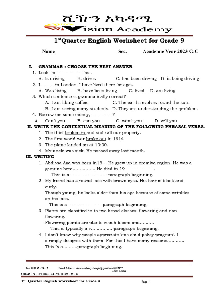 ENGLISH WORHSHEET Grade 9 | PDF | English Language | Languages