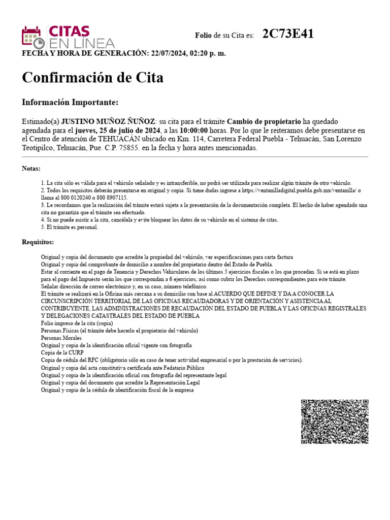 Confirmación de Cita para Cambio de Propietario | PDF