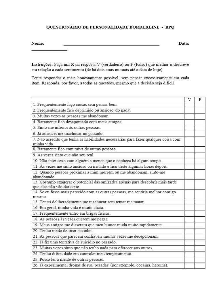 QUESTIONÁRIO DE PERSONALIDADE BORDERLINE (2) | Download grátis PDF ...