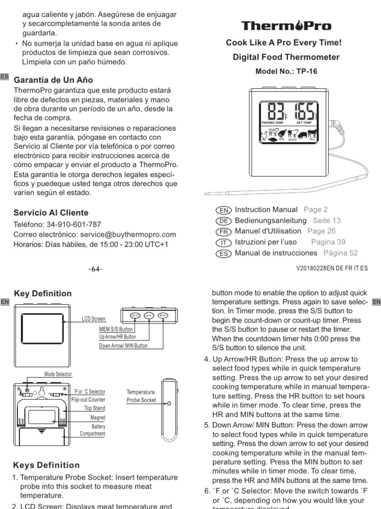 Thermopro EN DE FR IT ES TP 16 Instruction Manual 20180228 | PDF | Beef ...