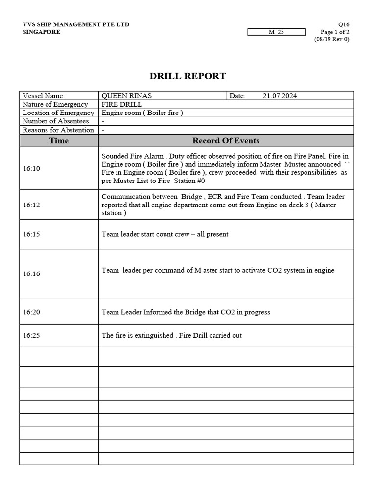 Fire Drill Report ENGINE ROOM | PDF | Ships | Shipping