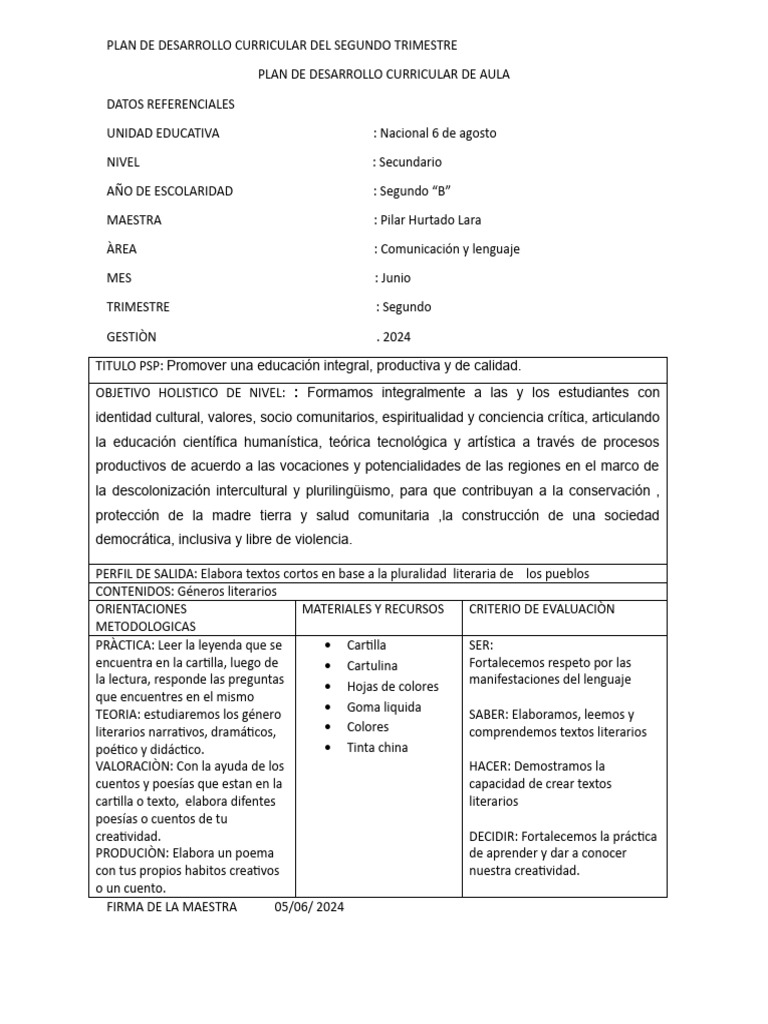 Plan de Desarrollo Curricular Del Segundo Trimestre | PDF | Evaluación ...