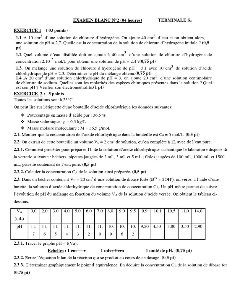 Examen Blanc Terminale S2 : Chimie et Physique | PDF | Ph | Acide ...