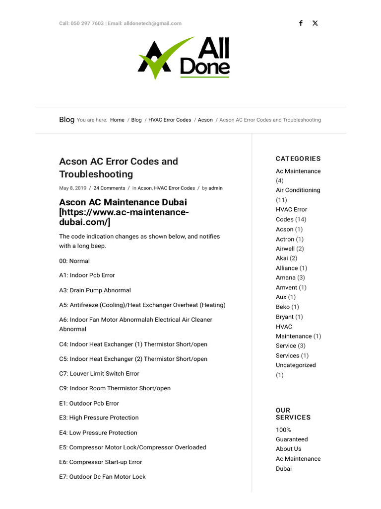 Acson AC Error Codes Guide | PDF | Air Conditioning | Power Inverter