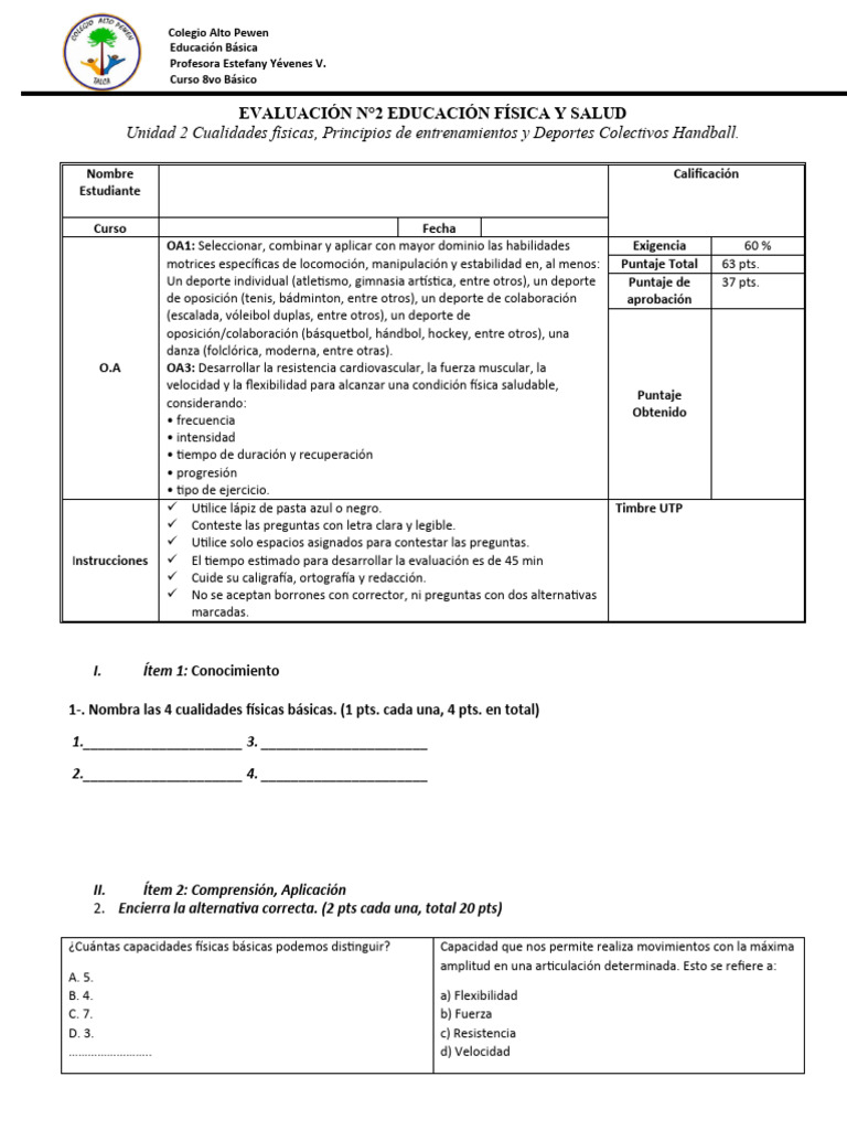 Evaluación de Educación Física 8vo Básico | PDF | Flexibilidad ...