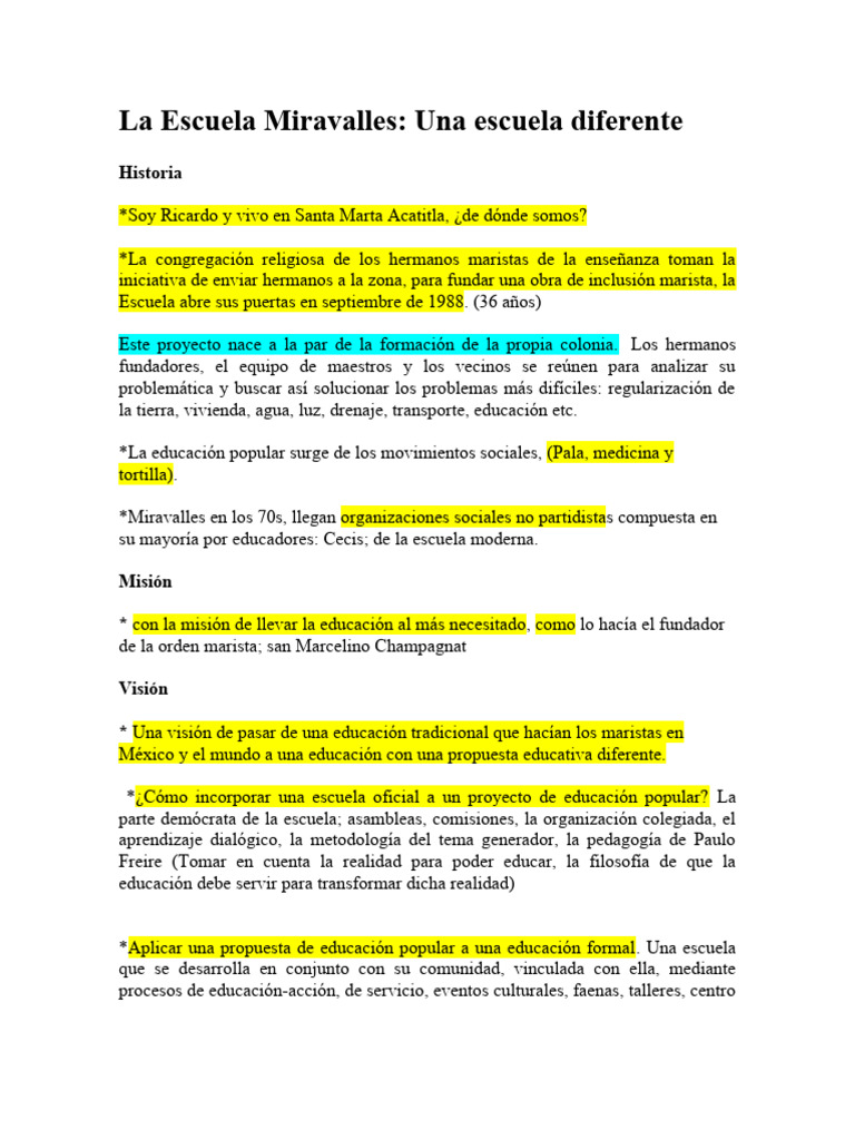 Misión y Visión de La Escuela | PDF | Escuelas | Educación en artes ...