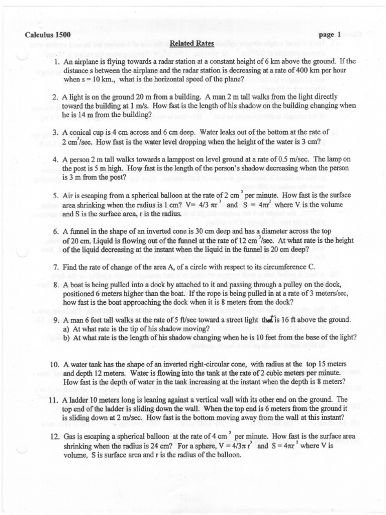 Related Rates Worksheet | PDF