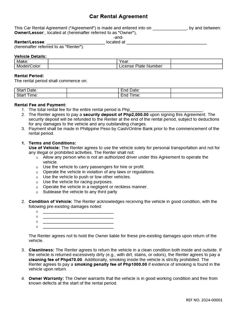 Car Rental Agreement Template Philippines | PDF | Lease | Indemnity