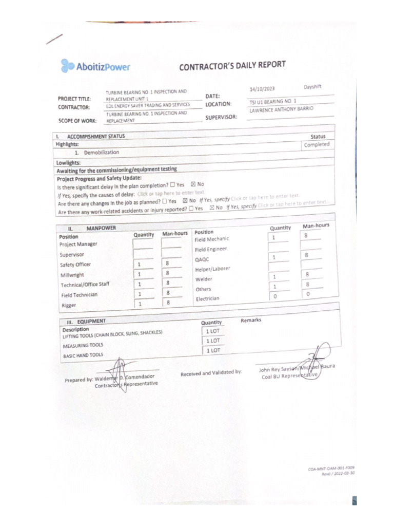 CDR-Turbine Bearing Inspection Unit 1-10:14:2023 | PDF