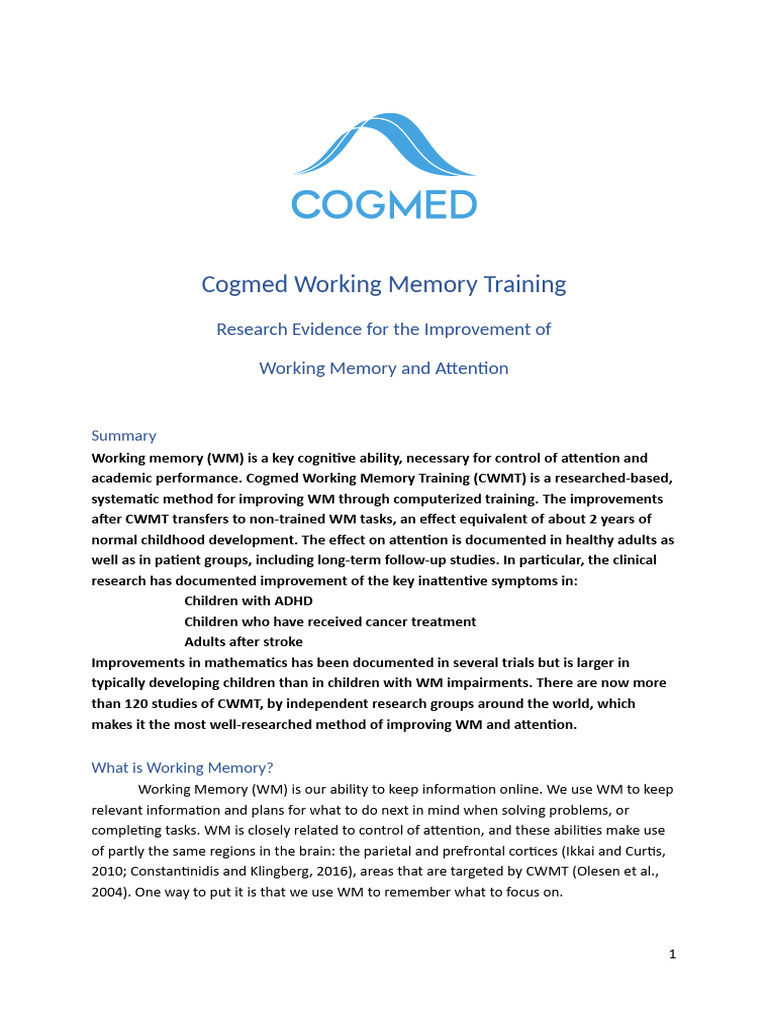 Cogmed Training: Boost Working Memory | PDF | Working Memory ...