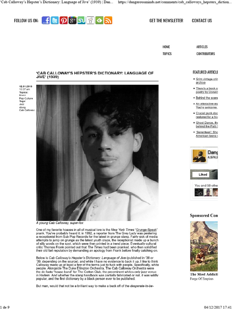 Cab Calloway's Hepster's Dictionary - Language of Jive' (1939 ...
