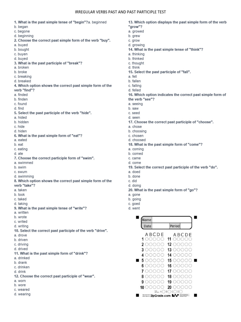 Irregular Verbs Test | PDF | Verb | Linguistic Typology