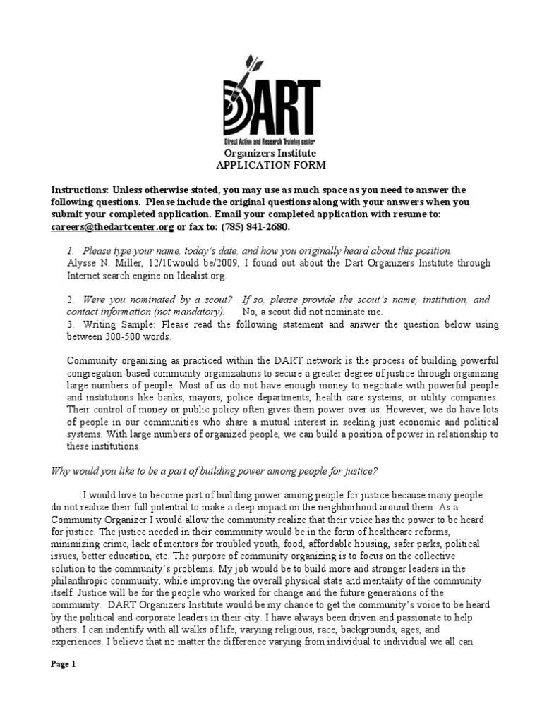 Dart Application PDF Community Organizing Internship