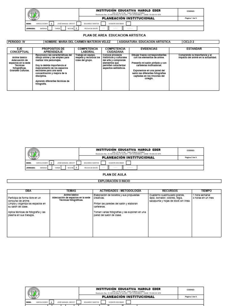 Plan de Área: Educación Artística | PDF | Educación en artes visuales ...