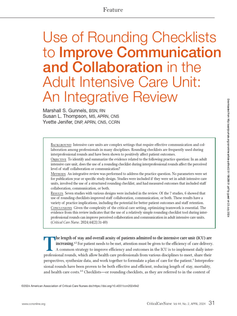 Rounding Checklists Enhance ICU Teamwork | PDF | Intensive Care Unit ...