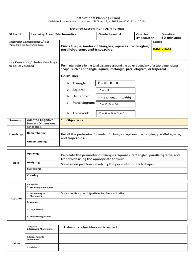 Grade 4 Math: Perimeter Lesson Plan | PDF | Rectangle | Length