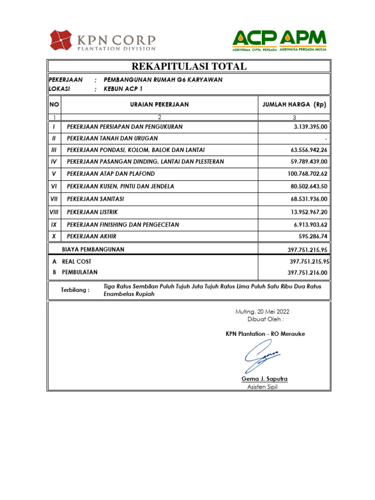 BOQ & Drawing - Rumah G6 (Karyawan) Final ACP 1 (Concrete WT) | PDF