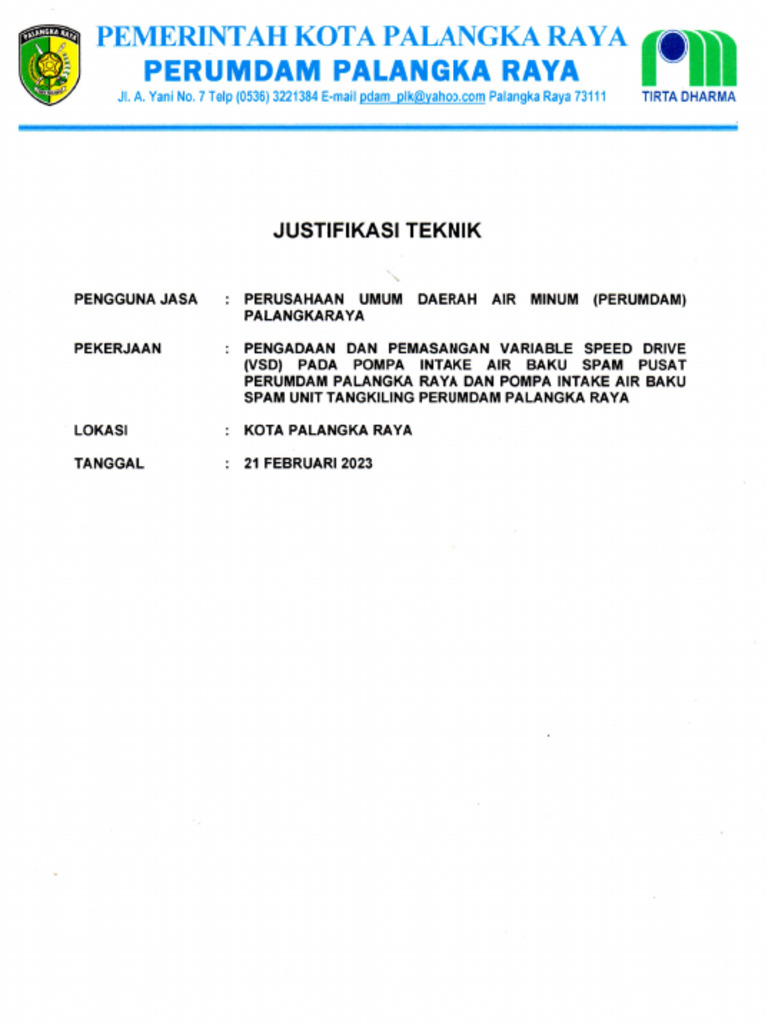 Justifikasi Teknis Pengadaan Dan Pemasangan VSD Pompa Intake PERUMDAM ...
