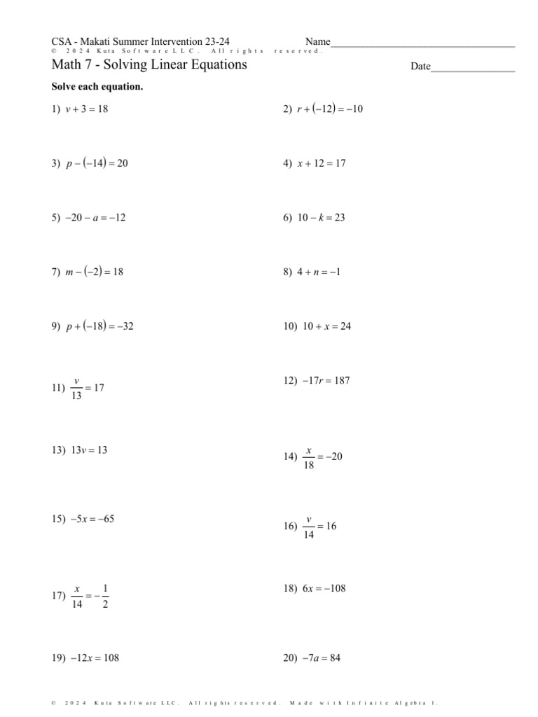 Math 7 Summer Interventions - Solving Linear Equations | PDF ...