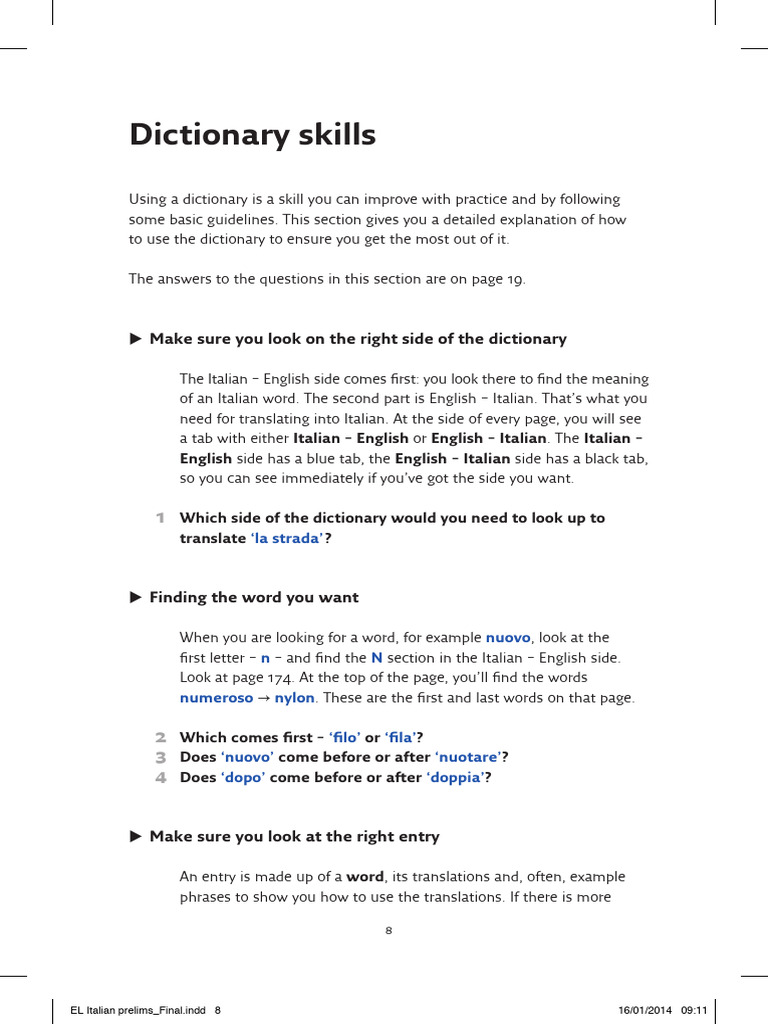 EL Italian Dictionary Skills | PDF | Verb | Grammatical Number