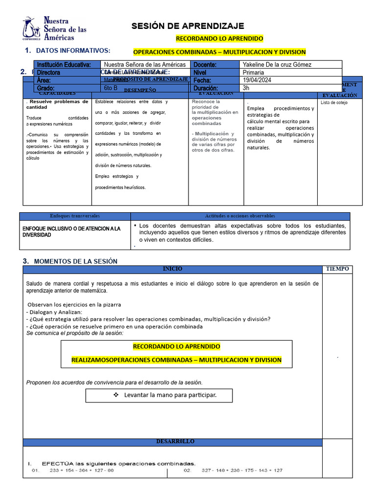 Sesión de Aprendizaje: Operaciones Combinadas | PDF | Aprendizaje ...