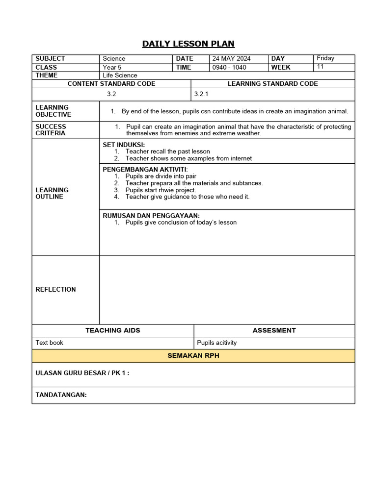Daily Lesson Plan: Subject Date DAY Class Time Week Theme Content ...