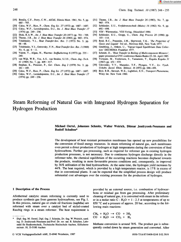 Steam Reforming of Natural Gas With Intergrated Hydrogen Separation For ...