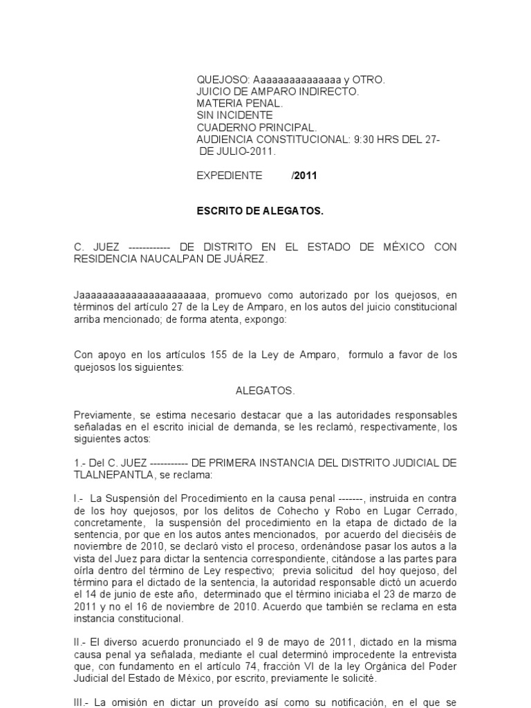Alegatos en Juicio de Amparo Indirecto | PDF | Derecho penal | Juez