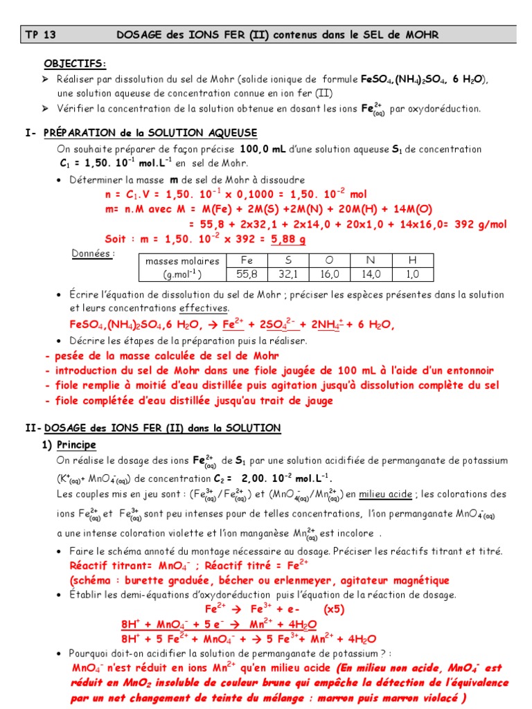 Dosage des Ions Fer (II) par Sel de Mohr PDF Fer Métal de transition — free download