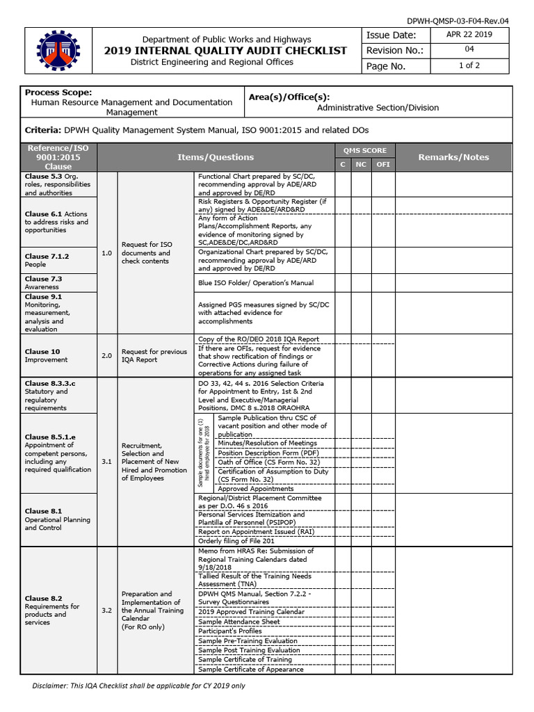 2019 Internal Quality Audit Checklist | PDF | Business