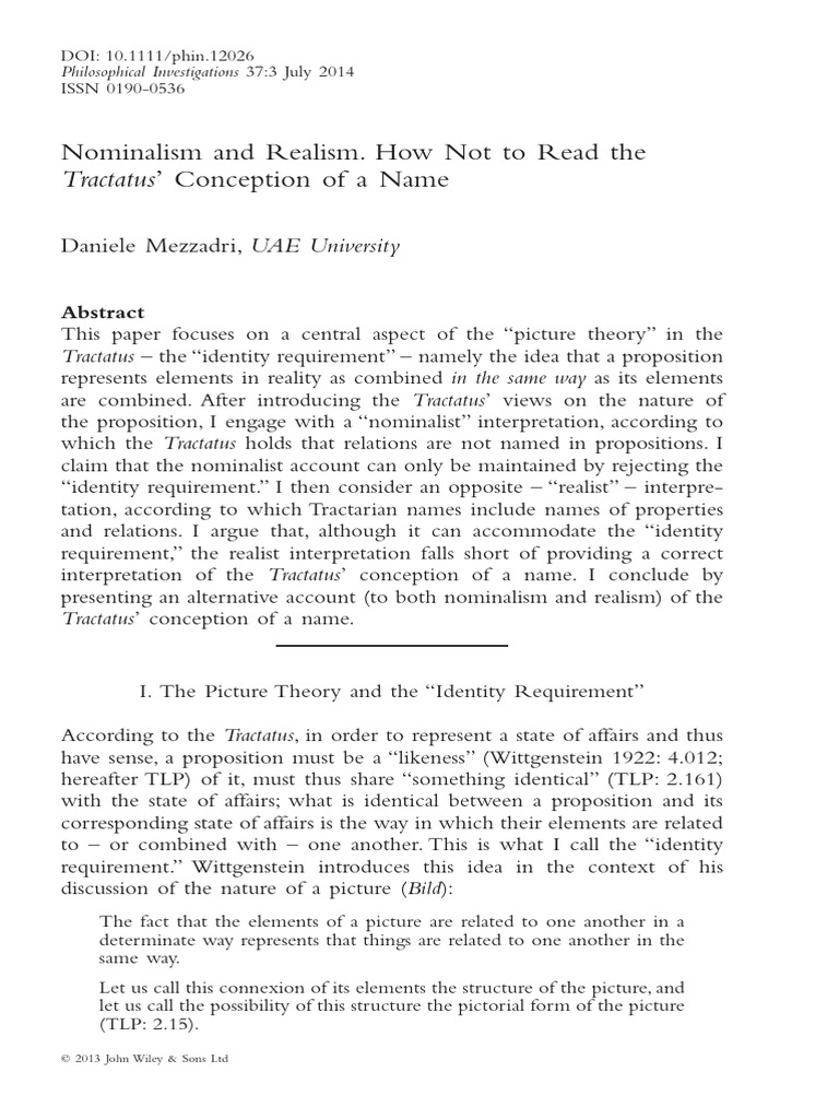 Nominalism and Realism. How Not To Read The Tractatus | PDF ...