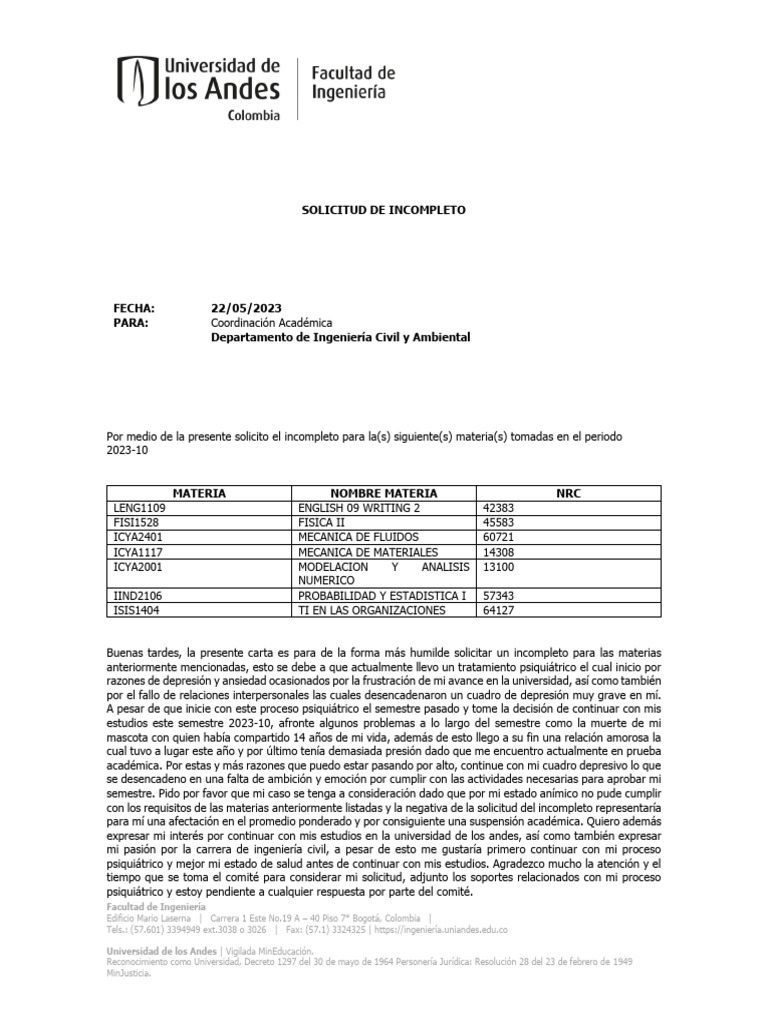 Solicitud de Incompleto Universitario | PDF | Depresión (estado de ánimo)